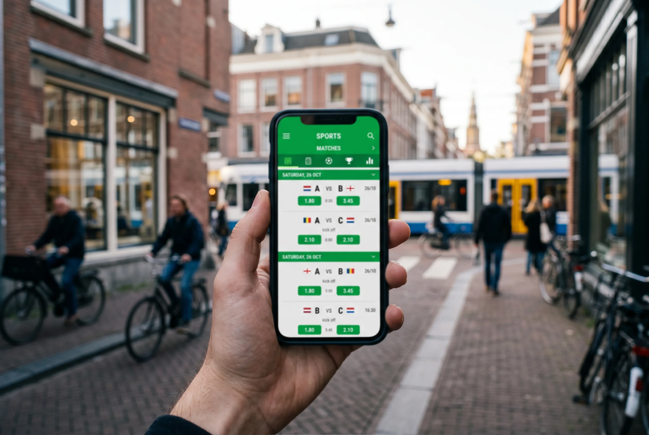 Mobiele telefoon met een bookmaker-app geopend op de sportweddenschappen-pagina
